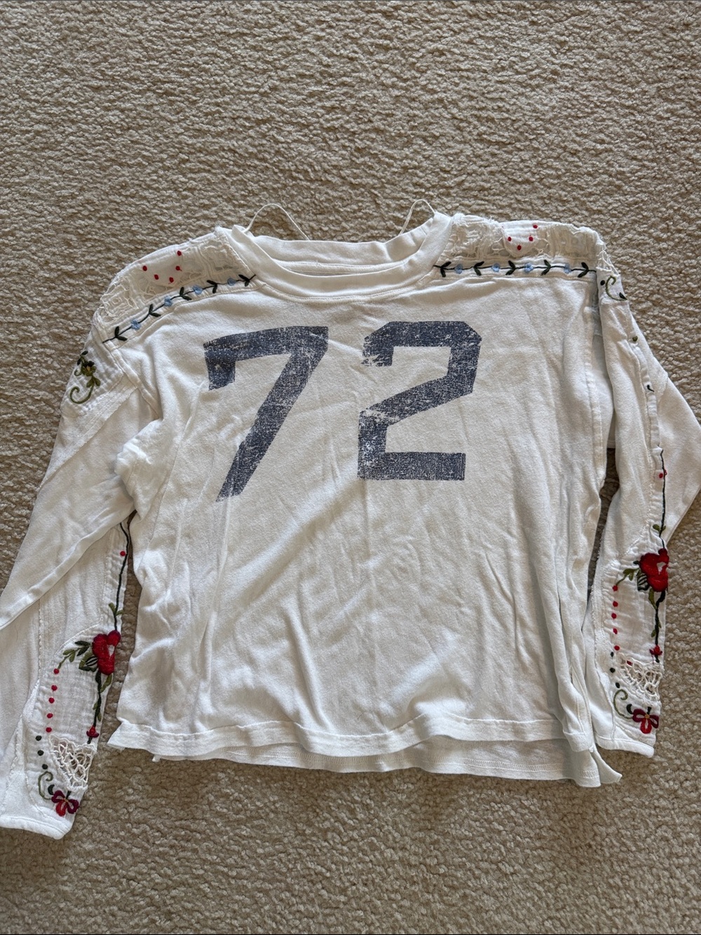 Free People White Long Sleeve Tee with Navy '72' and Red Rose Embroidery